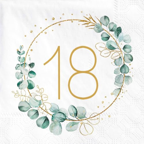 Eukalyptus & Gold Servietten für 18. Geburtstag - 40 Stück Papierservietten für Mädchen & Jungen Party Dekoration