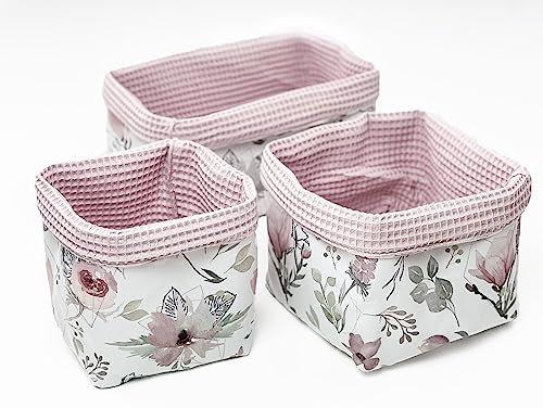 BABEES Aufbewahrungskorb Wickeltisch Baby, Körbchen Set 3 Stück, Organizer Wickelkommode, Utensilo Aufbewahrungsbox Badezimmer (BLUMEN/FLOWERS)