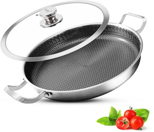 Vinchef Pfanne mit Deckel, 33 cm, Edelstahl-Pfanne, PFOA-frei, spülmaschinen- und ofenfest, Kochgeschirr, Kochpfanne für Induktion geeignet
