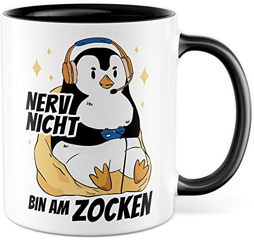 Tasse Zocken Geschenk, Nerv nicht - Bin am zocken Geschenkidee Gamer Kaffeetasse mit Spruch lustig Kaffee-Becher Gaming Kinder Tasse Computerspiele Zocker Teetasse Pinguin-Motiv (Weiß/Schwarz)