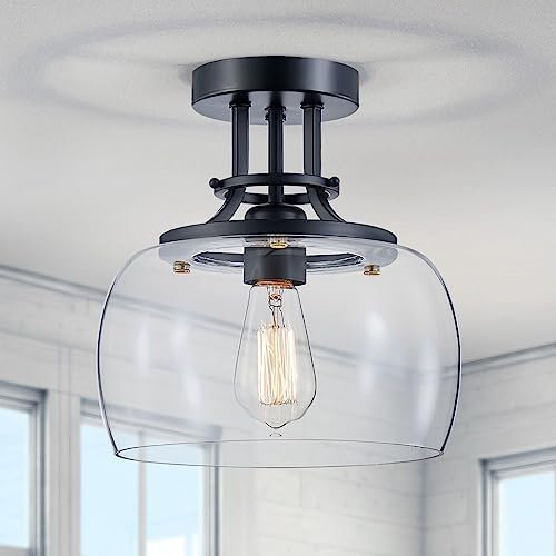 WUZUPS Lustre Rustique Ferme Industrielle Rond Semi-Affleurant Plafonnier LED avec Abat-Jour en Verre Transparent pour Salle de Bain Cuisine Entrée De Foyer, H25 x L25, E27 Base, Noir
