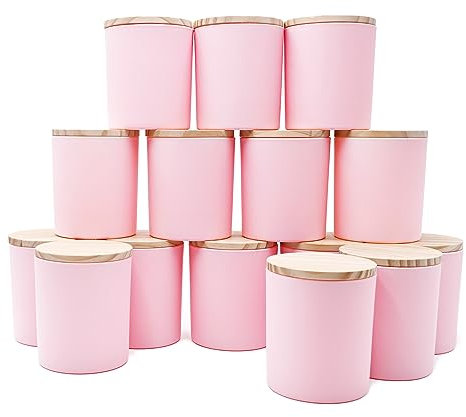 SHOWIN 10 OZ Thick Candle Jars for Making Candles 15 Pcs, Empty Jars with Wood Lids for Candle Making, Sample Container, Matte Pink