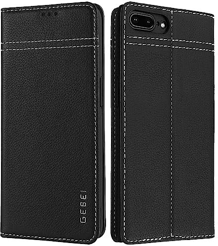 Hülle Echt Leder für iPhone 7 Plus/8 Plus (5,5) - Premium Echte Lederhülle mit Standfunktion Kartenfach Magnetverschluss Flip Case Ledertasche Handyhülle Schutzhülle Klapphülle – Schwarz