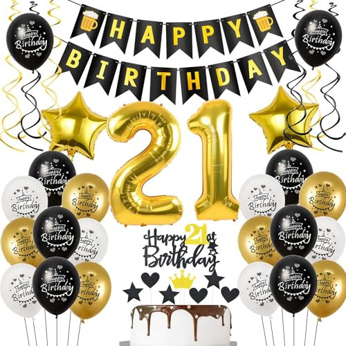 Deko 21 Geburtstag Deko Mann Frauen, Luftballon 21. Geburtstag Schwarz Gold, Geburtstagsdeko 21 jahre Mann Luftballon, Tortendeko 21. Männer Geburtstagsdeko 21 jahre für Frau