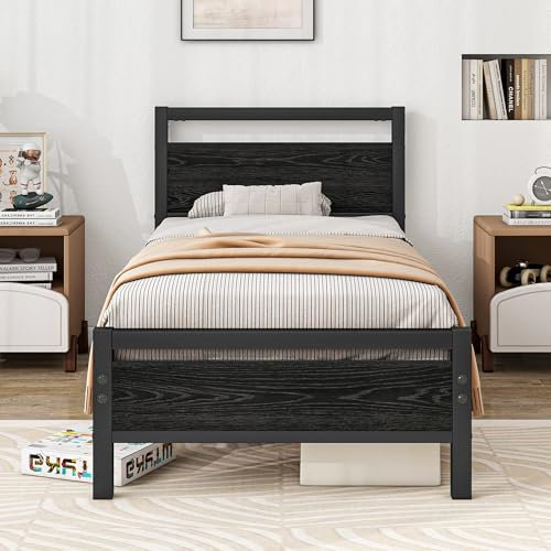 BOFENG 3ft Single Bed Frames Solid Bedstead Base with Wood Headboard,Heavy Duty Metal Platform Bed Frame No Box Spring Needed,Mattress Foundation/Strong Metal Slat Support/Under-bed Storage/Black