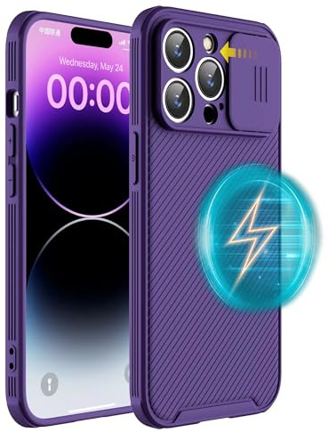 Hitaoyou Slim Magnetic Case for iPhone 15 Pro Case Compatible with Magsafe, iPhone 15 Pro Camera Protection Case [Support Wireless Charging] with Slide Lens Cover, Purple
