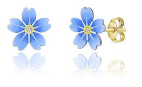 Vergissmeinnicht Ohrringe Gold plattiert oder Edelstahl Stecker handbemalt inspiriert von Vintage Emaille Blumenschmuck Geschenkidee (Gold)