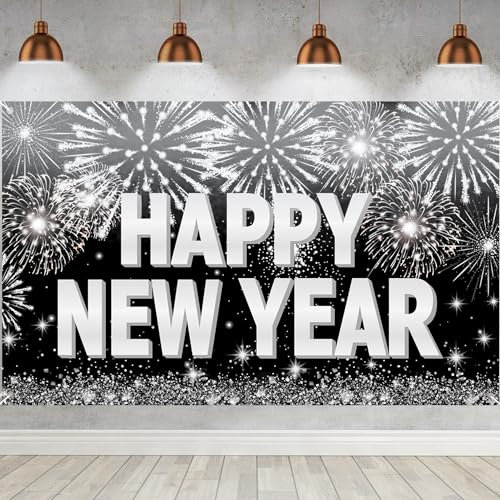 Silvester Deko 2024 Happy New Year Banner Silber, XXL Neujahr PartyDekoration Silber, 2024 Neujahr Hintergrund Banner für Silvester Dekoration Neujahr Deko 2024