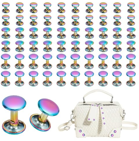 WADORN 60 Sets Bunte Nieten Aus Metall, Regenbogen-Ledernieten Mit Doppelter Runder Kappe, 9/10/11.5 mm, Röhrenförmige Metallnieten, Spike-Nieten Für Lederhandwerk, Reparatur, Dekoration