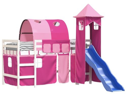 vidaXL Kinderhochbett, Hochbett mit Turm Rutsche, Spielbett Bett für Kinder ab 6 Jahren, Kinderbett Etagenbett Stockbett, Rosa 90x200cm Massivholz Kiefer