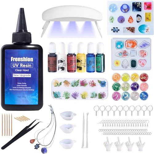 UV Harz Kit mit Licht, 126Pcs Harz Schmuck Herstellung Kit mit 100g Low Viskosity Hard Faster Cure UV Harz, Farbpigment, Harz Zubehör, UV Harz Starter Kit für Schmuck Ohrringe Halskette Armband