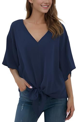 Anelune Blouse Femmes Été Mousseline Tunique Tops Manches Courtes Élégant Hauts Col en V Ample Décontracté Nœud Devant Manches Trompette T-Shirts S-2XL, bleu marine, S