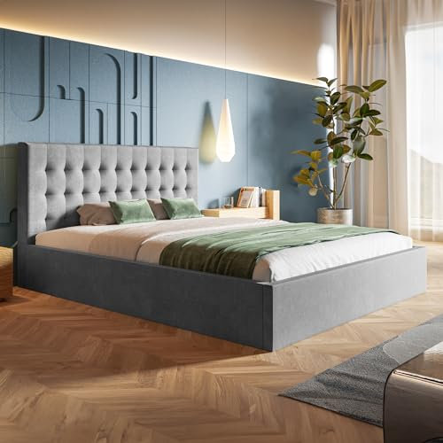 MOTIVENA Lili Polsterbett 160x200 Grau, Polsterbett 160x200 Samt, Polsterbett 160x200 mit Bettkasten, Polsterbett 160x200 mit Stauraum, mit Lattenrost, mit Kopfteil, ohne Matratze, Hellgrau