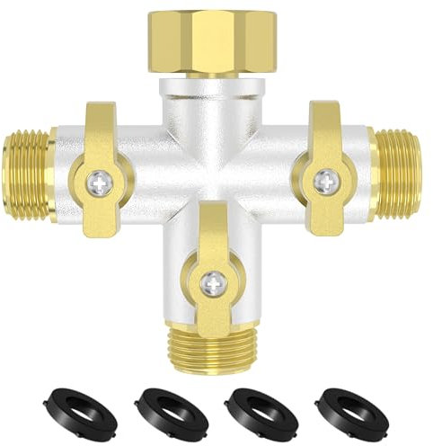 HOSEFACT Répartiteur de tuyau d'arrosage, 3 voies en métal robuste + connecteurs raccord de robinet avec 4 rondelles en silicone pour jardin extérieur