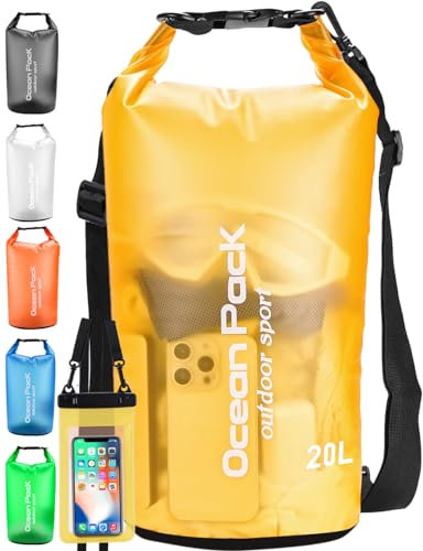 Henrycares Dry Bag wasserdichte Tasche, 20L 10L 5L 2L Wasserdichter Packsack mit 2 Schultergurt und 1 Wasserfester Handyhülle, Schwimmen, Baden, Strand, Kanu, Stand Up Paddling, Tauchen