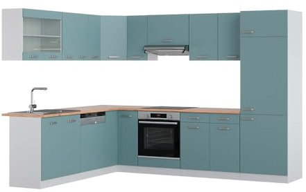Vicco Eckküche R-Line, Blau-Grau/Weiß, 227 x 287 cm, AP Eiche