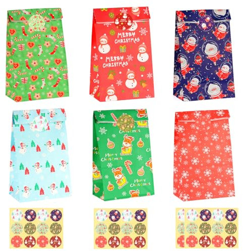 CHEPULA Papiertüten Weihnachten, 48 Stück Klein Bunt Weihnachtstüten, Kraft Papier Weihnachts Geschenktüten mit 48 Aufkleber, Kinder Weihnachtsgeschenktüten Geschenk Tüten für Xmas Süßigkeiten Party