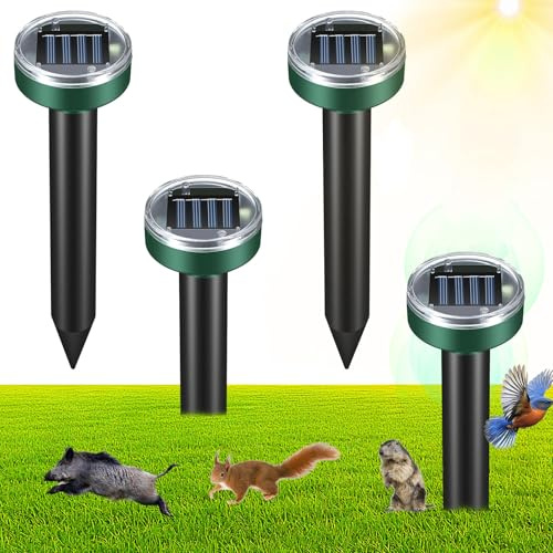 ALLOMN Solar Mole Repellent Ultrasonic, 4 Pack Ultrasonic Solar Mole Repellent Waterproof Solar Power Mole Stopper for Garden Lawn Yard Home Get Rid of Mouse Gophers Mole Rat Vole Rodent Snake