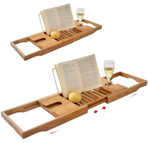 Avilia Bambus-Tablett für Badewanne, verstellbar von 70 bis 105 cm, ideal für EIN entspannendes Bad in der Badewanne, ausgestattet mit Zwei Gläsern – Robustes und stabiles Regal