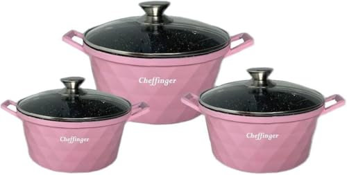 Cecaro Group Tris Casseruole Pentole in Pietra Lavica e Induzione, Misure 20/24/28 cm, Colore Rosa