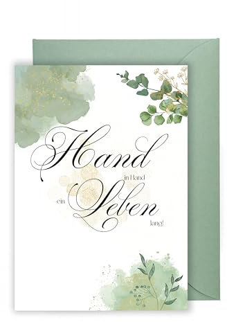 WBdesignz Eucalyptus Hochzeit Karte mit Umschlag - Hand in Hand ein Leben lang Verlobung Hochzeitskarte Hochzeitsjubiläum Glückwunsch zur Hochzeit (DIN A6)
