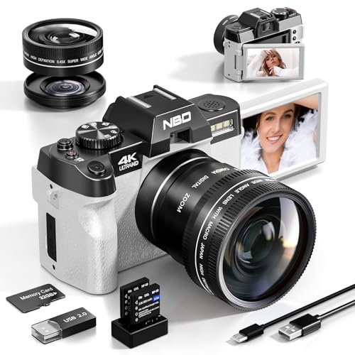 NBD Appareil Photo 4 K,caméra Vlogging 48MP pour Youtube avec Microphone et poignée pour trépied, Caméra Vidéo avec Grand Angle et Macro (Blanc)
