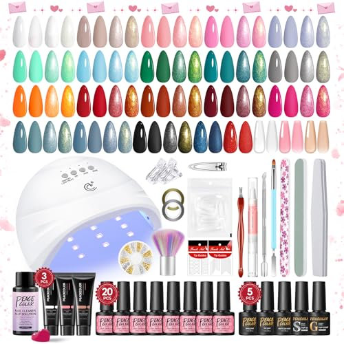 PEACECOLOR 47PCS Gel Nail Starter Kit with Lamp 20 Colours Nail Polish Set 3 Colours Poly Nail Gel Kit for Beginners with Slip Solution Base Coat Glossy & Matte Top Coat Basic Manicure Tools for Women