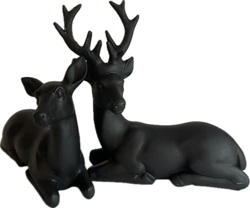 khevga Deko Hirsch Schwarz 2er Set – Edle Weihnachtsdeko aus Polyresin, Moderne Tischdekoration für Weihnachten & Winter, stilvolle Wohnaccessoires, Hirschfigur liegend, Festliche Raumdekoration