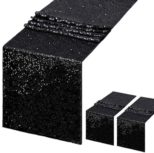 2 Stück Schwarz Tischläufer Geburtstag Pailletten für Weihnachten 35x200cm | Party Hochzeiten Halloween Dekoration