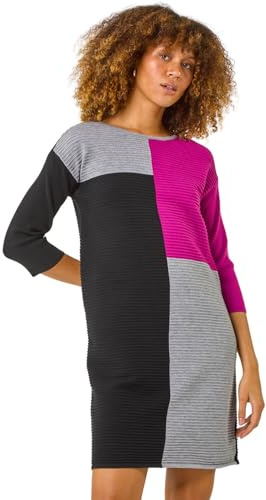 Roman Originals Knitted Jumper Dress for Women UK - Ladies Colour Block Winter Autumn Smart Casual Office Bodycon Workwear Everyday Long Sleeve Knee Length Knit Pocket - Fuchsia Noir - Size 10