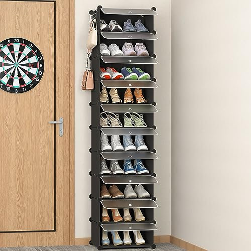 HOMIDEC 10-Tier Shoe Rack, Shoe Storage Cabinet with Door and Hook,Dust-proof Tall and Narrow Shoe Rack, Free Standing Shoe Shelf for 20 Pairs, Black Embossing, for Entryway, Hallway and Closet