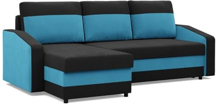 Mebligo - Ecksofa mit Schlaffunktion, Universelle Seite, Schwarz + Blau (Mikro 15 + Mikro 18)