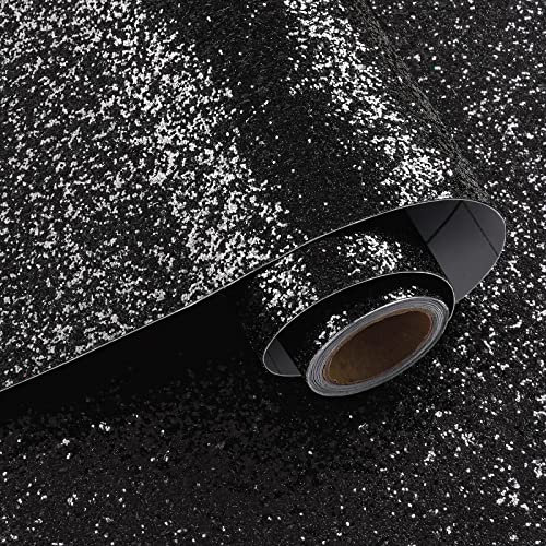 VaryPaper Glitzer Tapete Schwarz Modern Glitzerfolie Selbstklebend 40cmx800cm Möbelfolie Glitzereffekt Schwarz Klebetapete Selbstklebend Wand Schlafzimmer Wohnzimmer Klebefolie Schrank Kommode Treppen