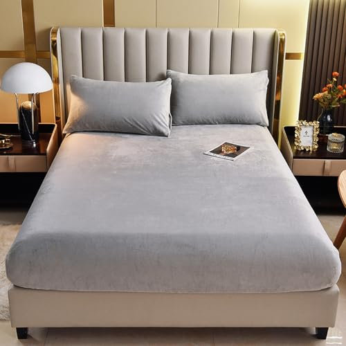 Weiches graues Flanell-Spannbetttuch 200 x 220 + 25 cm, warmes und gemütliches Bettlaken für den Winter, passend für 25 cm Matratze, gemütliche Winterbettwäsche