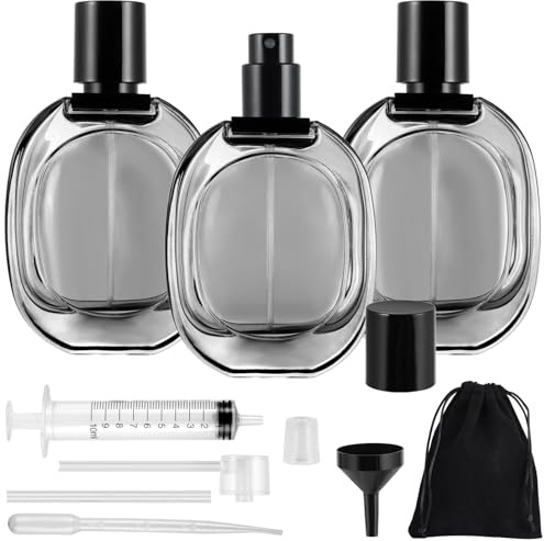 Maxumille 3 Pcs Atomizador Perfume Recargable, Vaporizador Perfume de Vidrio 50ml con Bolsa, Frasco de Perfumero Vacío para Hombres Mujeres, Rociador de Botella de Transparente Negro para Viajar Salir