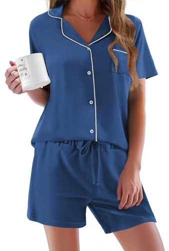 Ekouaer Pyjamas for Women Shorts Kurz Button Up Pyjama for Ladies Sommer Sleep & Lounge V-Neck Nightwear Soft Sexy Loungewear, Blue, XL