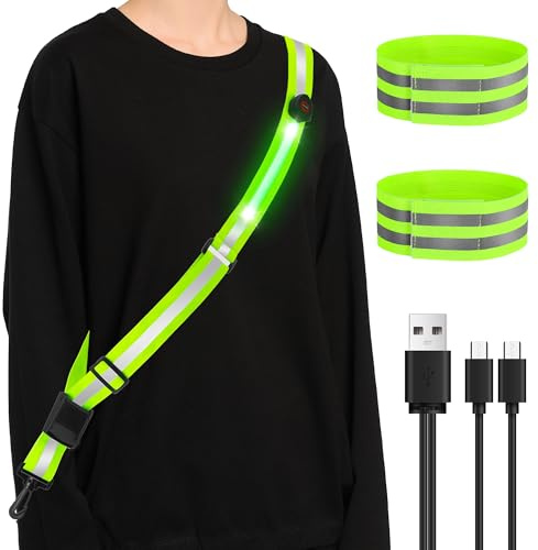 Leuchtband Joggen mit Reflektoren Gürtel, Sicherheitslicht Laufgürtel | Hochsichtbare Nacht LED Lauflicht mit 2er Reflektierende Sicherheits Armband, Wiederaufladbare Verstellbarer Lauflicht