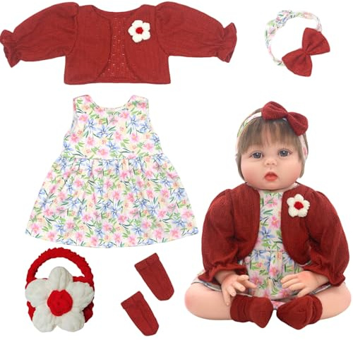 Xerteam Puppenkleidung 18-22 Zoll, Puppenkleider für 50-55 cm Babypuppen, Elegante und Helle Puppenzubehör – Rotes Blumenrock-Set, Haarband, Gewebte Tasche, Socken (Puppe Nicht Enthalten)