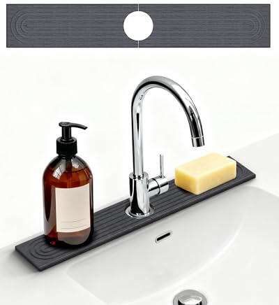 Abtropfmatte Spüle Wasserhahn Spritzschutz,60 X 10x0.9cm,Durchmesser6.35 cm,Kieselgur Spülbeckenmatte Außergewöhnlich Saugfähig,Abtropfmatte Stein Für Küchen Und Badezimmer Inklusive Sandpapier
