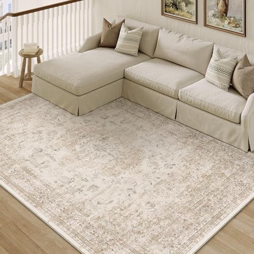 PureCozy Vintage Teppich Wohnzimmer 160x230cm Beige Schlafzimmer Wohnzimmerteppich Waschbarer Groß Carpet Weich rutschfest Teppiche Esszimmer Büro Kurzflor Tepich