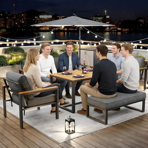 Su & Chan Legence Gartenlounge Set für 6 bis 7 Personen, Gartensofa mit Esstisch, Spritzwassergeschützte Kissen, Outdoor Sofaset mit Ottoman, Grau