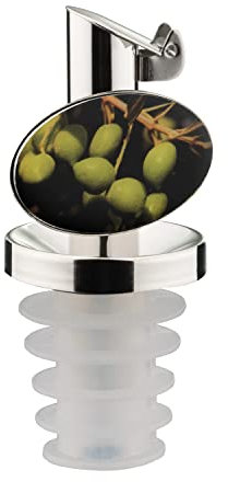 Westmark Öl-Ausgießer mit Deko-Plakette für Flaschen, Mit Klappe und Belüftungssystem, Silikonkorken, Rostfreier Edelstahl, Inox, Weiß-Transparent/Verchromt, 4783218Ö