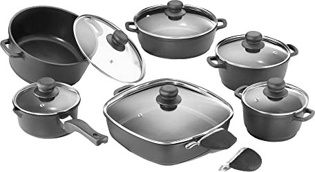 Karcher Topfset Aluguss 12-teilig, Töpfe mit Teflon-Classic-Antihaftbeschichtung, Kochtöpfe mit Glasdeckel inkl. 2 Thermogrips, Kochtopfset schwarz