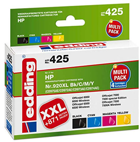 edding Druckerpatrone EDD-425 - Multipack 4 - Schwarz, Cyan, Magenta, Gelb - 1x 48 ml + 3x 12 ml - Reichweite 1x 1735 3x 960 Seiten - Ersetzt HP 920XL (CD975/CD972/CD973/CD974)