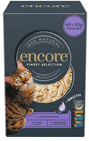 Encore 100 Percent Natural Wet Cat Food Pouch, Chicken and Fish Selection in Broth, 50g Pouch (Pack of 40 pouches)