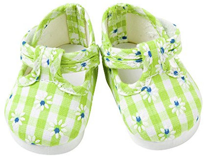 FRILLY LILY Green Gingham Dolls Shoes with Tiny Daisies ,Small size 6 x 3.5 cm.TO FIT DOLLS SUCH AS 43 CM BABY BORN AND TINY TEARS