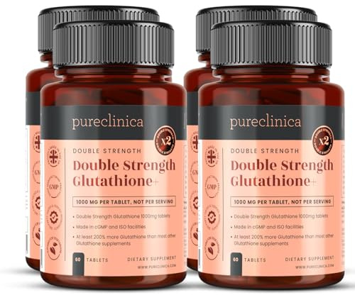 Glutationa de Doble Potencia 1000mg x 240 Comprimidos (60 comprimidos por frasco, 4 frascos). Con 500mg de Glutationa, 300mg de ALA, y 200mg de Vitamina C por comprimido. 200% más potente que los comprimidos de glutationa normales. SKU: GLU3x4