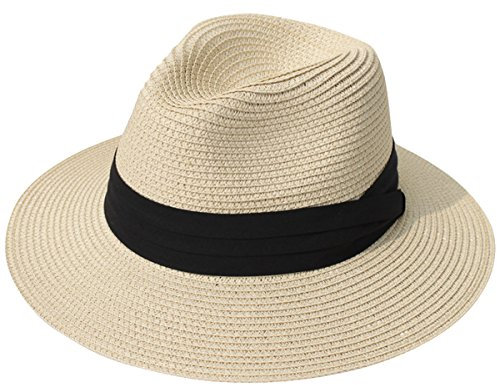 Lanzom Chapeau de plage Fedora à large bord en paille, UPF50+, Panama pour femme, M (taille unique)