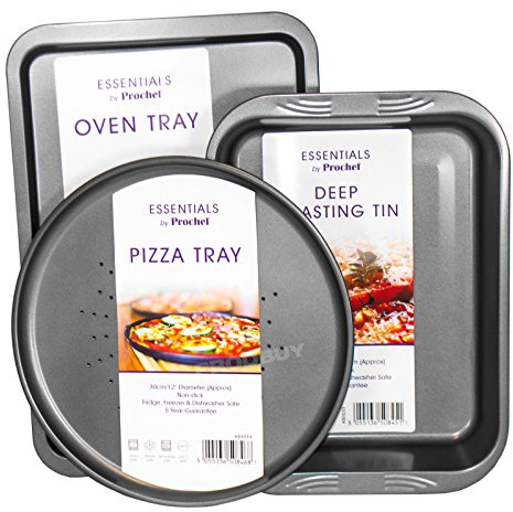 Set of 3 Prochef Baking Trays [ 43cm Baking Tray / 37cm Deep Roasting Tin / 30cm Pizza Tray ]