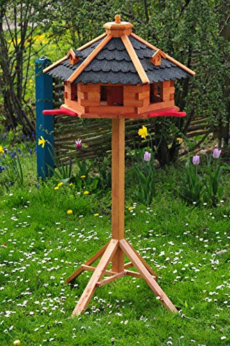 ÖLBAUM MASSIVHOLZ Vogelhaus, groß, XXXL mit Anflugbrett/Landebahn, Massivholz,wetterfest, mit Ständer/mit Standfuß und Silo,Futtersilo für Winterfütterung mit Dach schwarz anthrazit BGXA75atMS